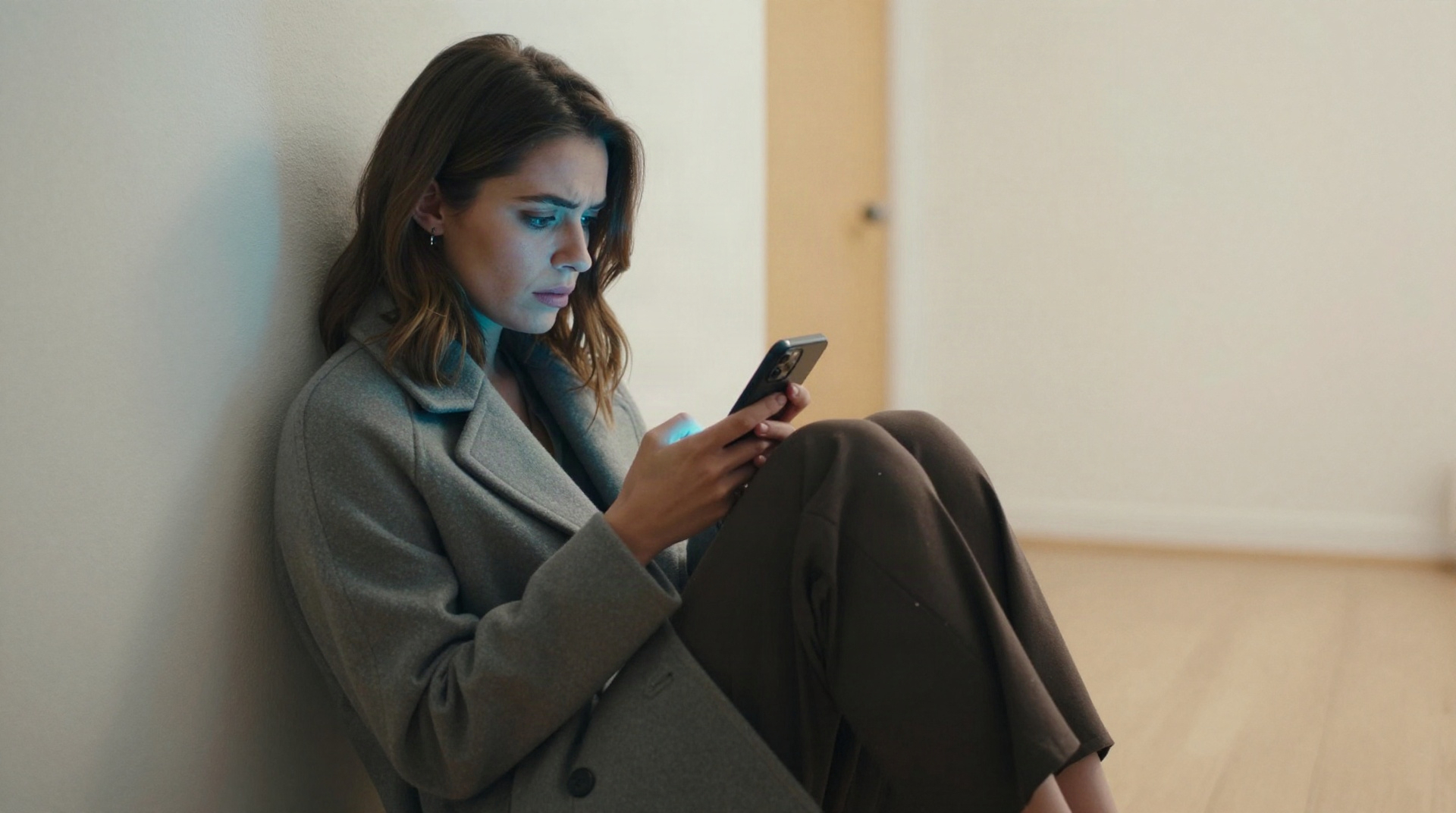 Slavic woman sitting in the dark looking at a glowing phone screen
